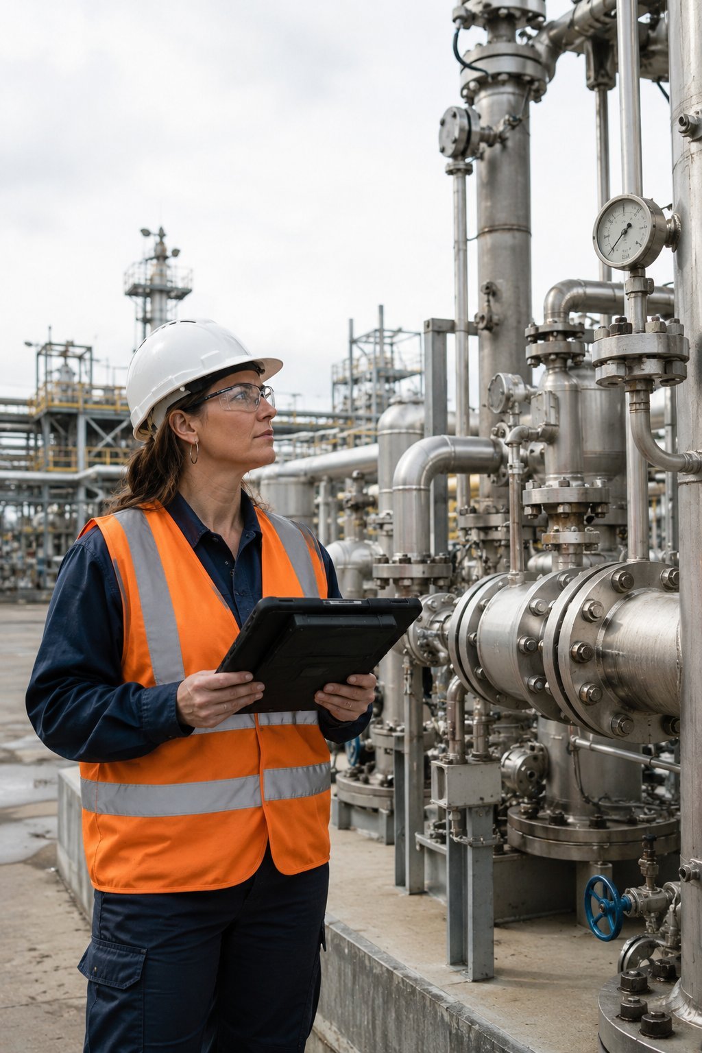 Safety auditor in PPE inspecting process equipment at an industrial plant