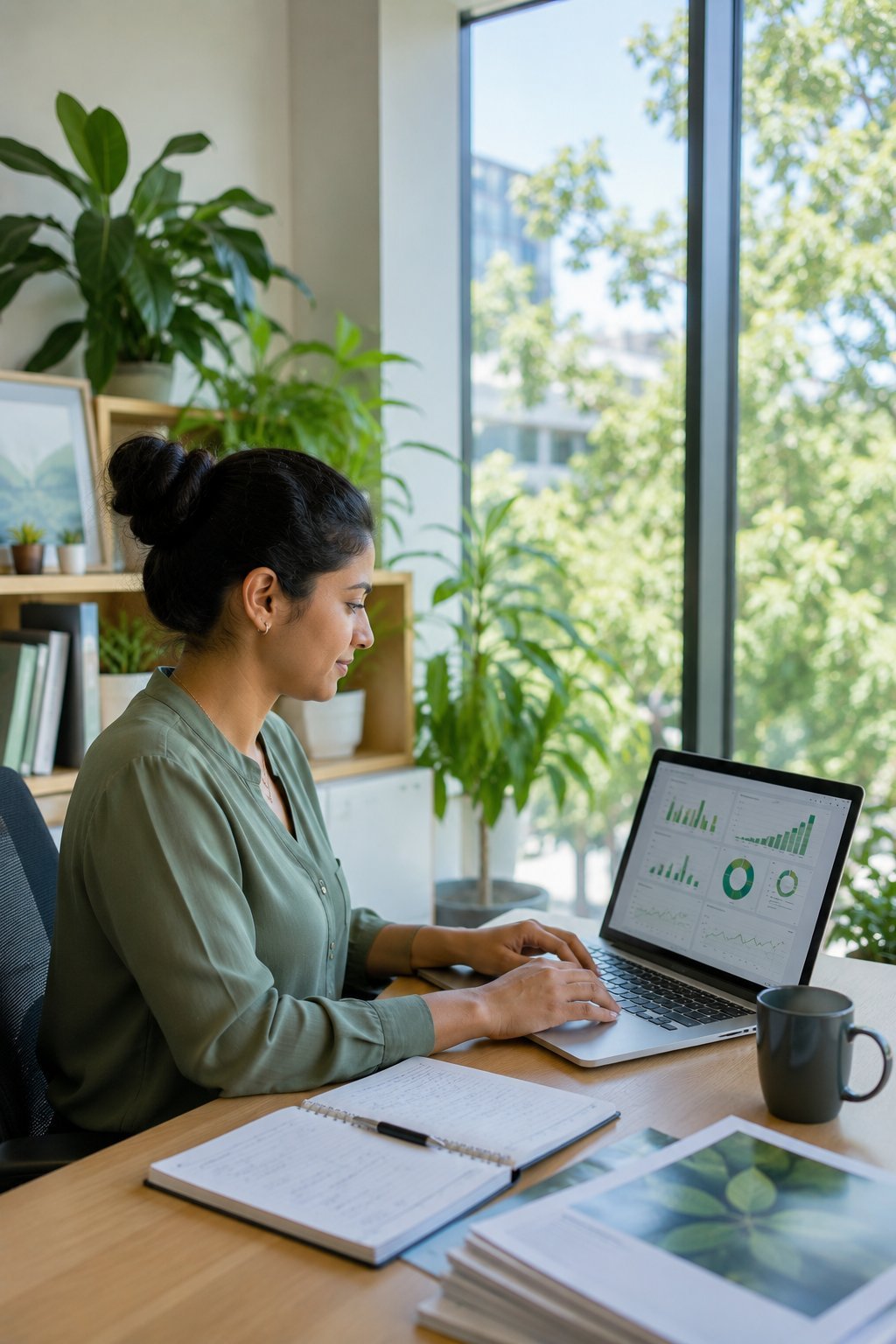Sustainability analyst reviewing ESG performance data in a plant-filled office